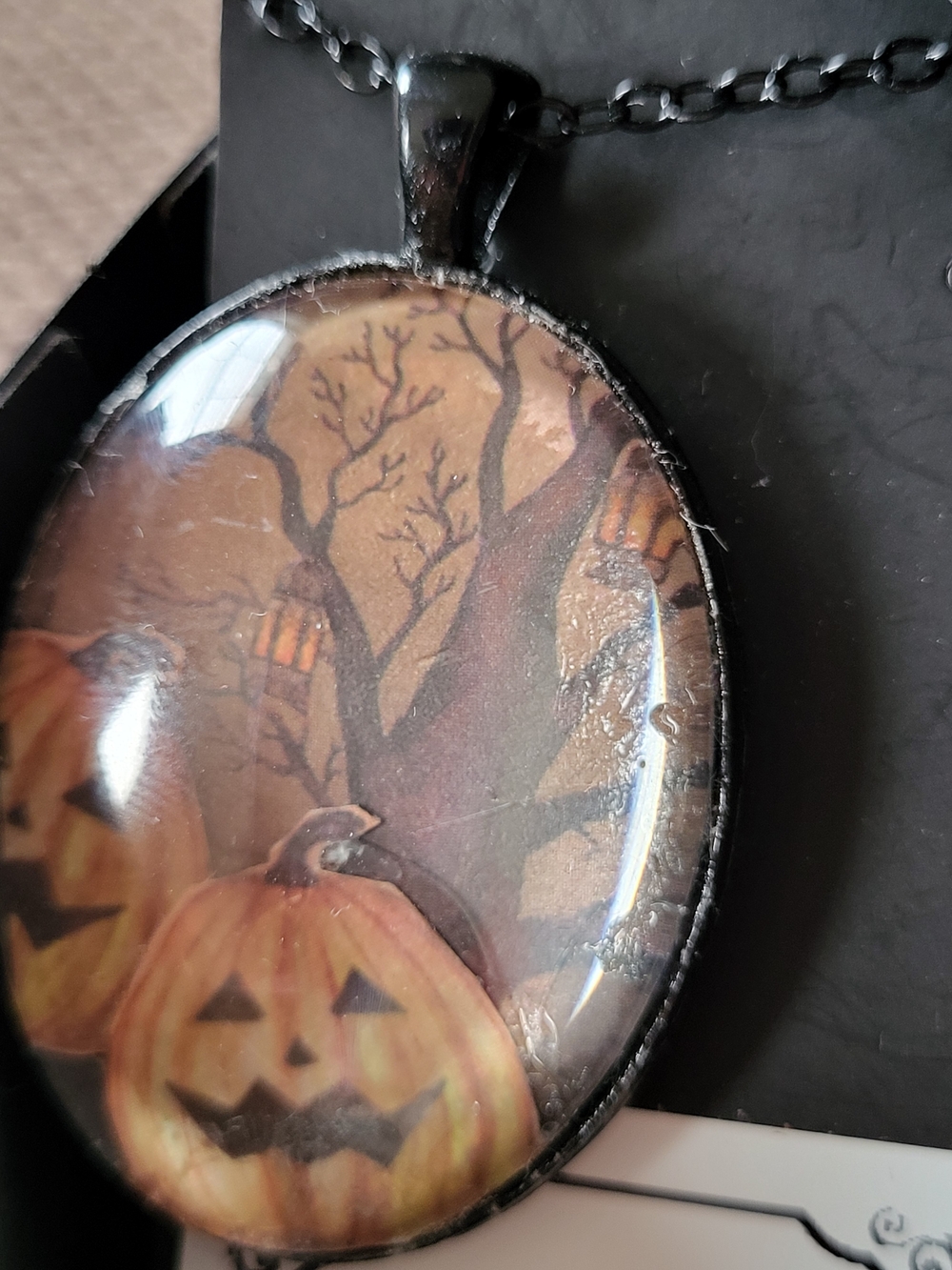 Halloween Pumpkin Tree Under Glass Pendant Necklace